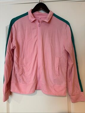 Pink Zip-Up Sweatshirt with Green Arm Stripe -  Like New - Women’s Size M